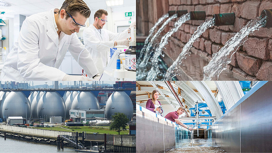 Four images are shown. In the first picture there are two people working in a laboratory. In the second picture there is water running out of a wall. The third picture shows a sewage treatment plant and the fourth picture shows a sewage treatment plant from the inside.